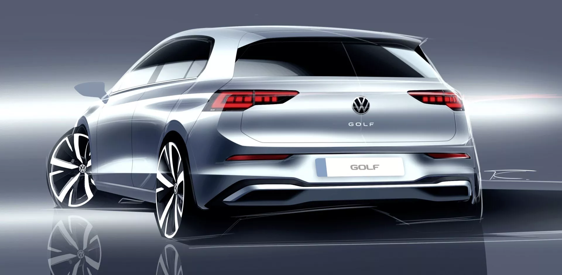 Volkswagen Golf VIII facelift na rok 2024, ukazuje štýlové, súčasne dizajnové LED zadné svetlá, vylepšený zadný nárazník so senzormi parkovania, dvojitý výfukový systém, veľké zliatinové kolesá, jemný strešný spojler proti odrazivému štúdiovému pozadiu zdôrazňujúci dizajnové línie a metalický lak