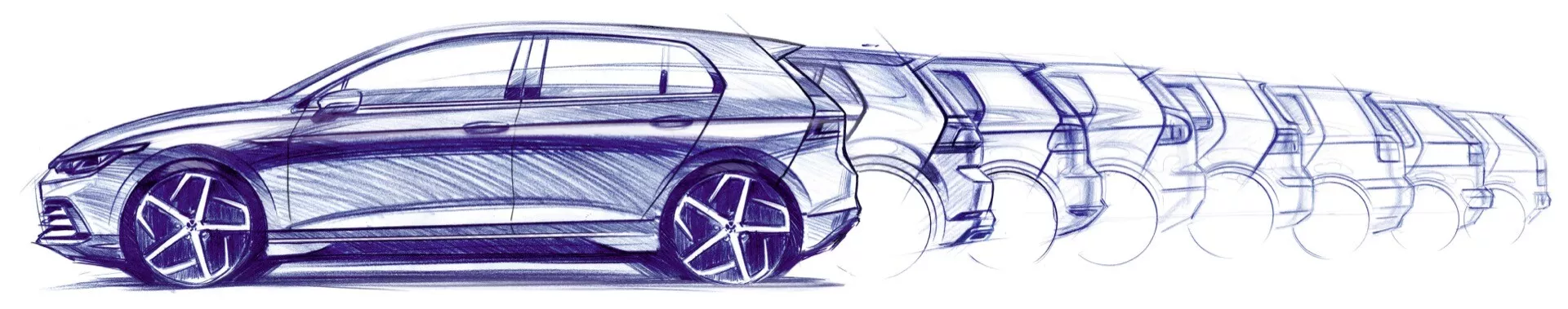 Umelecké znázornenie VW Golf VIII s faceliftom v roku 2024 s efektom rozostrenia pohybu na vyjadrenie vysokých rýchlostí