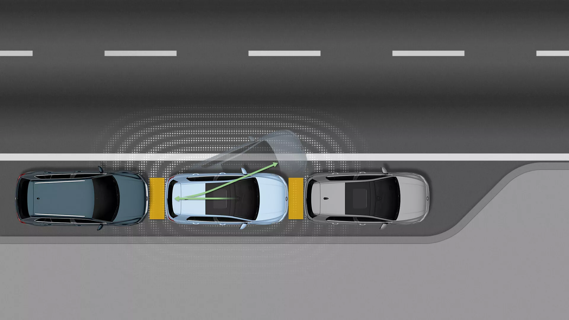 VW Golf VIII Facelift 2024 vykonávajúci manéver paralelného parkovania s pokročilými asistenčnými systémami vodiča, zobrazený z vtáčej perspektívy medzi tromi vozidlami, prezentujúc technológiu asistencie pri parkovaní a priestorové uvedomenie.