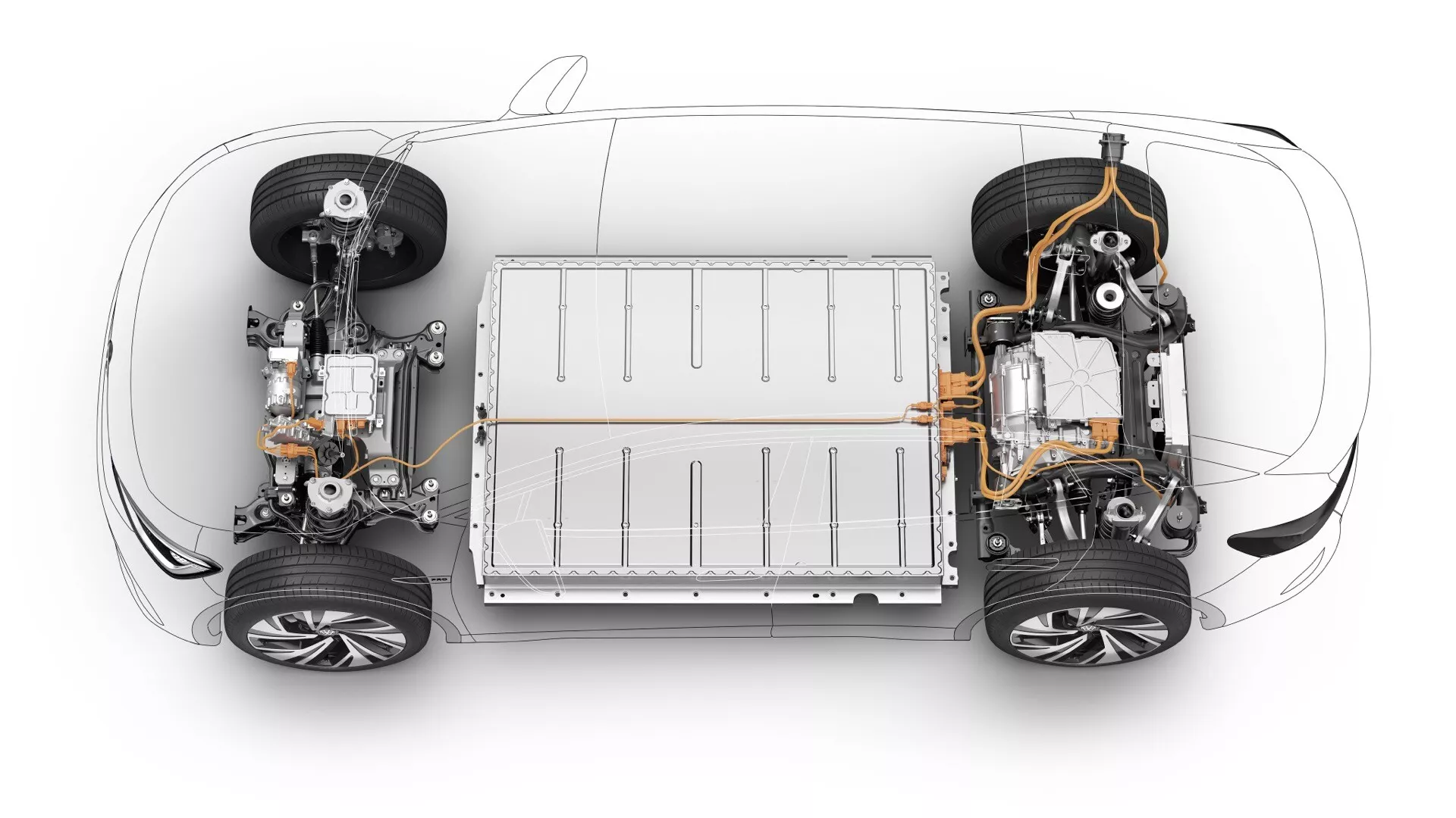 Pohľad zhora na priehľadný VW ID.5 2022 ukazujúci vnútorné komponenty, zdôrazňujúci jasnú viditeľnosť podvozku, centrálneho batériového balenia, pohonu všetkých kolies s elektrickými motormi na oboch nápravách, systému zavesenia s viditeľnými tlmičmi a ramenami, mierne vyblednutými kolesami a prednými riadenými komponentmi.