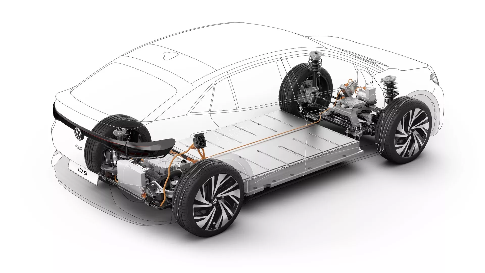 3D render moderného elektromobilu VW ID.5 2022 (prvá generácia) z trojštvrového predného pohľadu, zobrazujúceho elegantný exteriér a podrobné vnútorné komponenty vrátane hnacieho ústrojenstva, batériového balíčka a systémov zavesenia kolies v polopriesvitnom 'röntgenovom' pohľade.