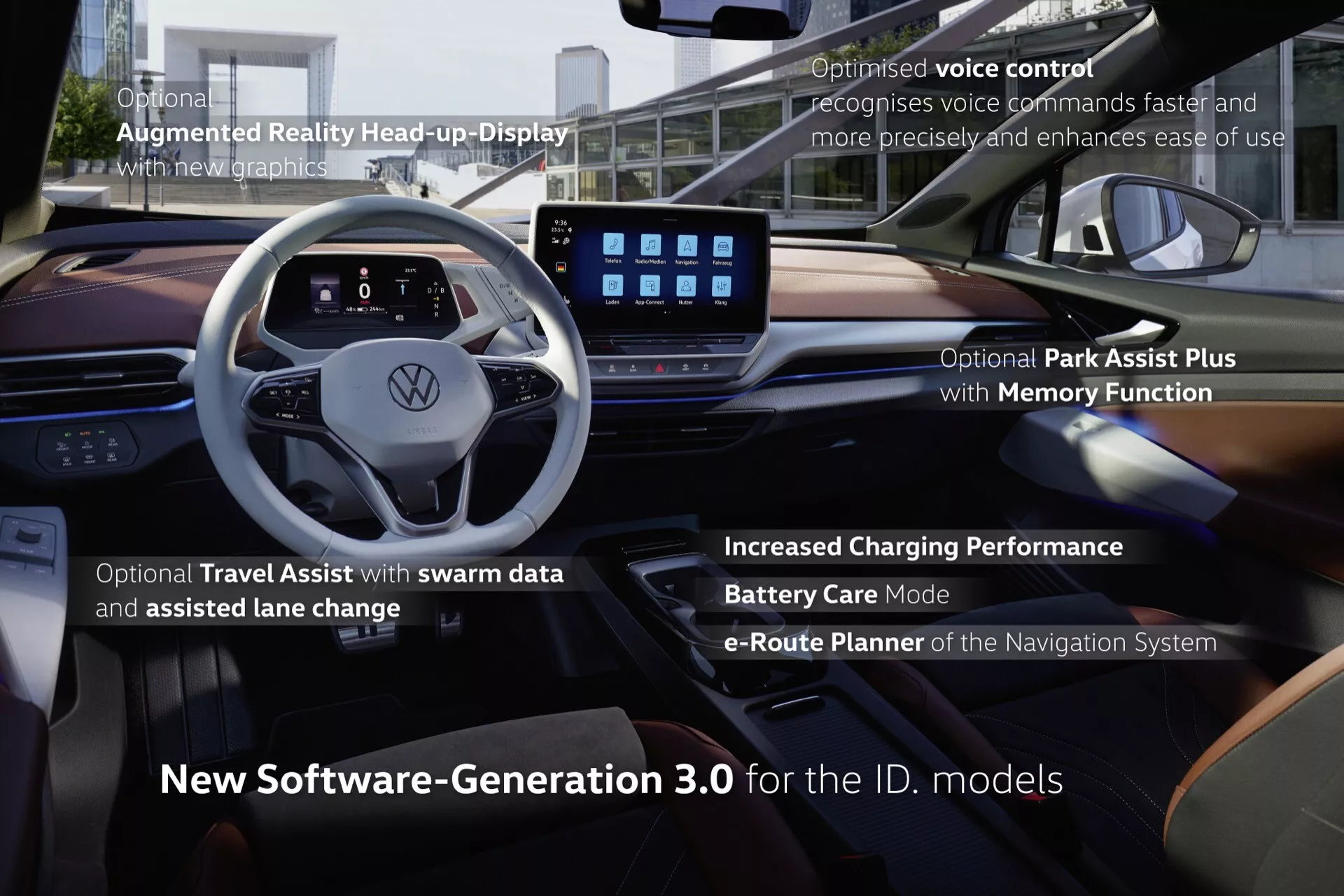 Interiér vozidla Volkswagen ID.5 2022 (1. generácia) s dôrazom na moderné technológie. Obrázok urobený z pravej prednej strany ukazuje volant s logom Volkswagen a vstavanými ovládacími prvkami, dvojité displeje s infotainmentom a digitálnym prístrojovým panelom, head-up displej s rozšírenou realitou, optimalizované hlasové ovládanie, Park Assist Plus s pamäťovou funkciou, Travel Assist s dátami od používateľov, zvýšený výkon nabíjania v režime starostlivosti o batériu, e-Route Planner a najnovšiu softvérovú generáciu 3.0 pre modely ID.